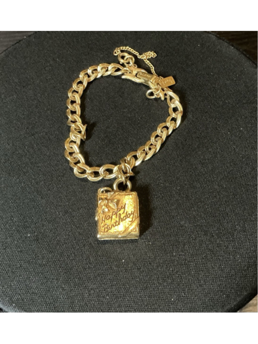 Vintage Monet Gold Tone Curb Chain Bracelet Opening Happy Birthday Book Charm.